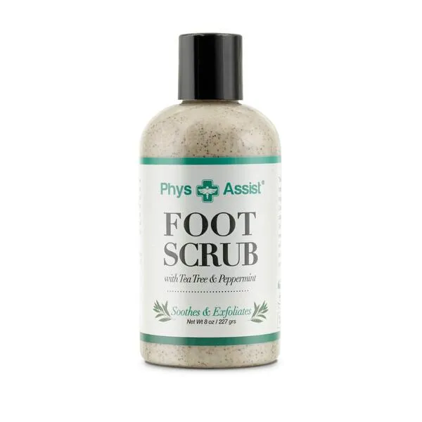 PhysAssist Foot Scrub 8 oz. with Tea Tree, Peppermint Soothes and Exfoliates Promoting a Deep Cooling Sensation Leaving Feet Feeling Calm and Refreshed.