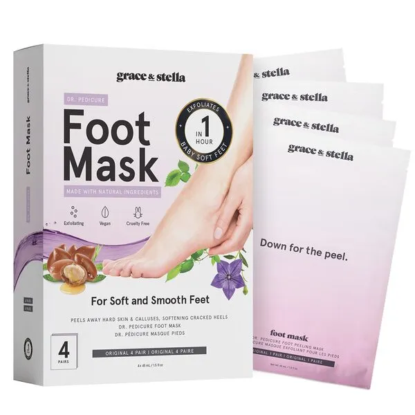 Foot Peel Mask, 4 Pairs - Foot Peeling Mask for Soft Feet, Shed & Exfoliate Dead Rough Skin, Cracked Heels & Calluses, Get Soft Smooth Feet - Vegan Cruelty - Free by grace and stella (Unscented)