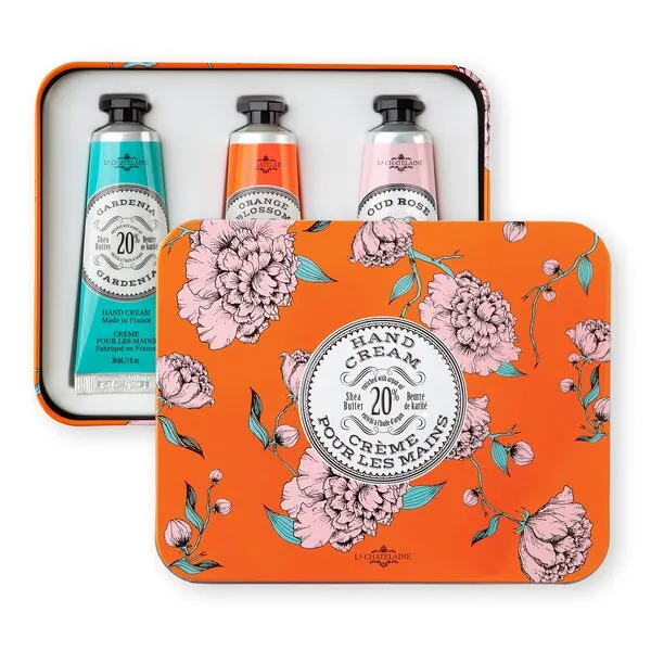 La Chatelaine Hand Cream Trio Tin Gift Set | Graduation Present | Teacher Gift | Ready-To-Gift Decorative Tin | Plant-Based | Made in France with 20% Organic Shea Butter (Gardenia, Orange Blossom, Oud Rose) 3 x 1 fl. oz