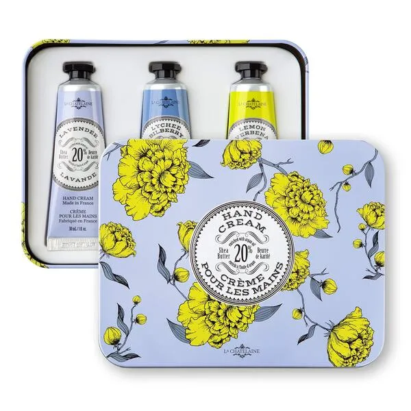 La Chatelaine Hand Cream Lavender Trio Gift Tin | Ready-To-Gift | Natural | Made in France with 20% Organic Shea Butter | Nourish & Moisturize | 3 x 1 fl oz (Lavender, Lychee Bilberry & Lemon Verbena)