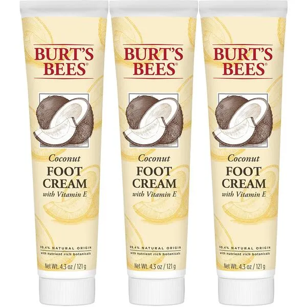 Burt's Bees Foot Cream, Moisturizing Lotion for Dry Skin, with Coconut Oil & Vitamin E, All Natural, 4.34 Ounce (Pack of 3) (Packaging May Vary)