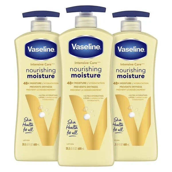 Vaseline hand and body lotion Intensive Care Moisturizer for Dry Skin Essential Healing Clinically Proven to Moisturize Deeply With One Application 20.3 oz 3 count (Packaging may Vary)