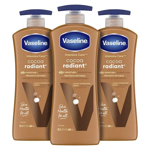 Vaseline Intensive Care Body Lotion for Dry Skin Cocoa Radiant Lotion Made with Ultra-Hydrating Lipids and Pure Cocoa Butter for a Long-Lasting, Radiant Glow 20.3 oz, Pack of 3