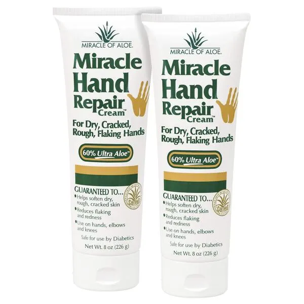 Miracle of Aloe Miracle Hand Repair Cream 8 oz Healing Aloe Vera Lotion for Dry, Cracked Hands with 60% UltraAloe Gel - Moisturizes, Softens, and Repairs - Non-Greasy, Lightly Scented (2-Pack)