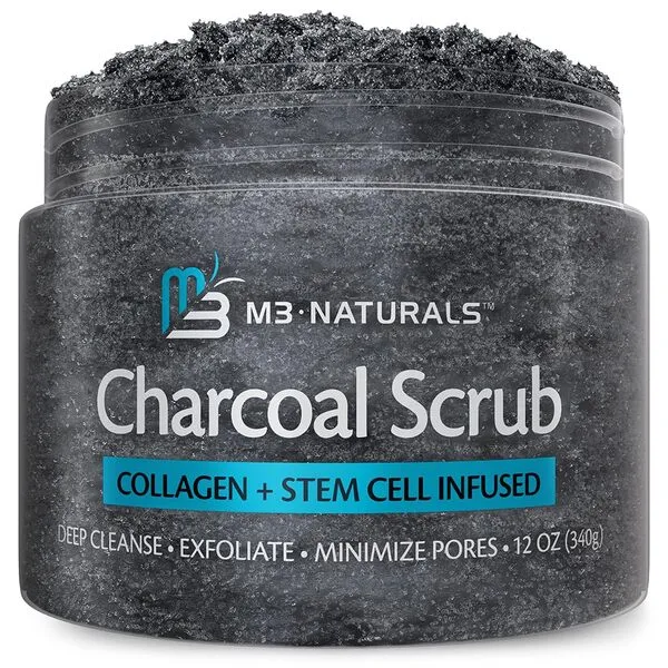 Charcoal Exfoliating Face & Body Scrub Polish with Collagen & Stem Cell Gentle Body Exfoliator Bump Eraser Best Shower Scrub Skin Exfoliant Moisturize Skin Exfoliate Absorbs Nutrients by M3 Naturals