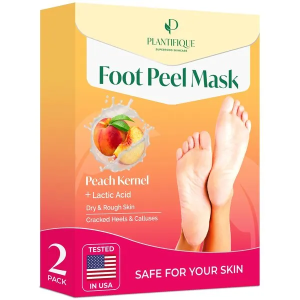 PLANTIFIQUE Foot Peel Mask with Peach 2 Pack Peeling Foot Mask Dermatologically Tested - Repairs Heels & Removes Dry Dead Skin for Baby Soft Feet - Exfoliating Foot Peel Mask for Dry Cracked Feet