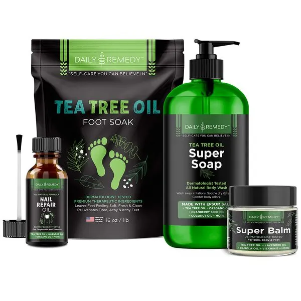 DAILY REMEDY 4 in 1 Tea Tree Oil Foot Soak, Super Balm, Nail Repair Oil and Body Wash Set - for Damaged Nails, itchy Skin, Athletes Foot, Smelly Feet, Cracked Heels and Calluses - Made in the USA