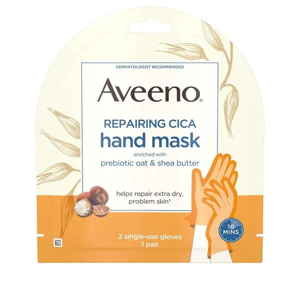 Aveeno Repairing CICA Hand Mask with Prebiotic Oat and Shea Butter for Moisturizing, Extra Dry Skin, Paraben and Fragrance Free, 1 Pair of Single Use Gloves