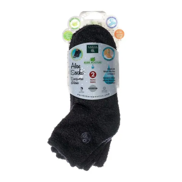 Earth Therapeutics Aloe Vera Socks – Infused with Natural Aloe Vera & Vitamin E – Helps Dry Feet, Cracked Heels, Calluses, Rough Skin, Dead Skin - Use with Your Favorite Lotions - Black/Black 2 Pairs