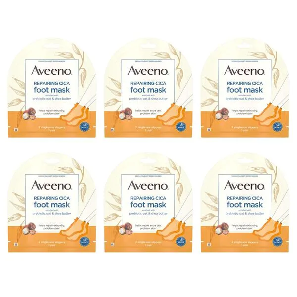 Aveeno Repairing CICA Foot Mask with Prebiotic Oat and Shea Butter, Moisturizing Foot Mask for Extra Dry Skin, 6 Pairs of Single-Use Slippers