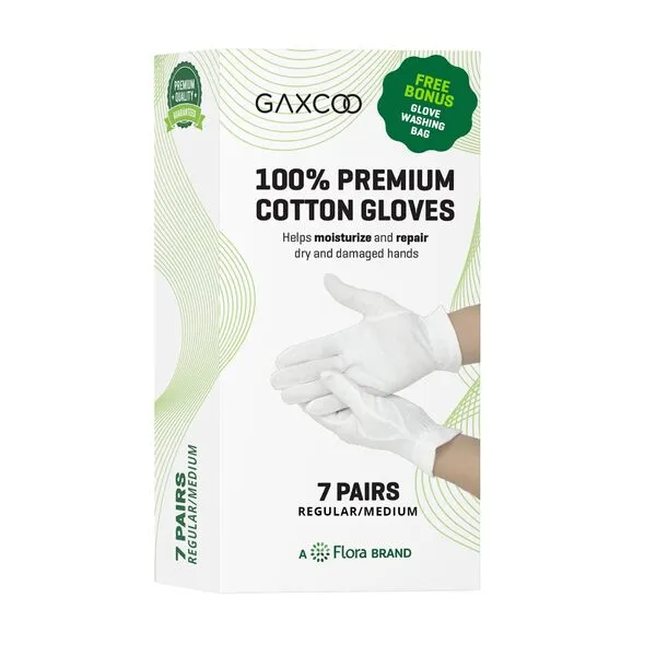 Gaxcoo | 100% Premium Cotton Moisturizing Gloves for Dry Hands & Eczema | Overnight Lotion, Sleep & Spa Treatment for Women & Men | Reusable, Washable - Free Washing Bag, Wristband (White - 7 Pairs)