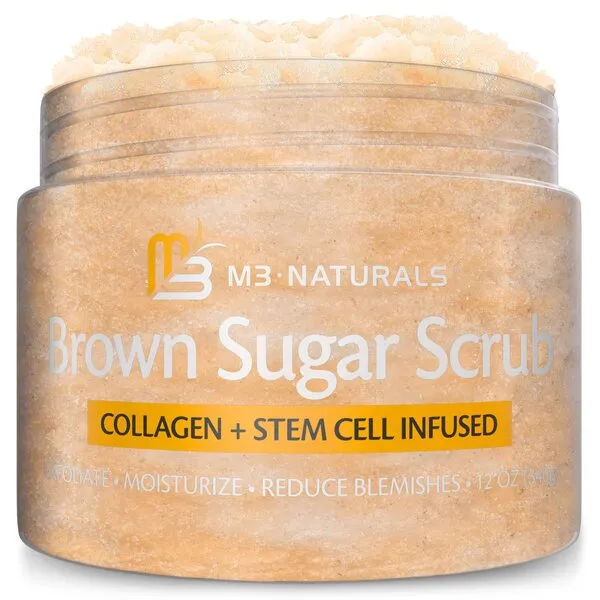 M3 Naturals Brown Sugar Body Scrub with Collagen Stem Cell Exfoliating Body Scrubber Face Cleanser Fight Skin Care Appearance Cellulite Fine Line Spider Veins