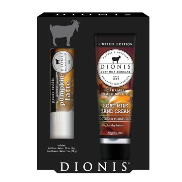 Dionis - Goat Milk Skincare Caramel Pumpkin Spice Scented Hand Cream & Lip Balm Set (1 oz and .28 oz) - Made in the USA - Cruelty-free and Paraben-free