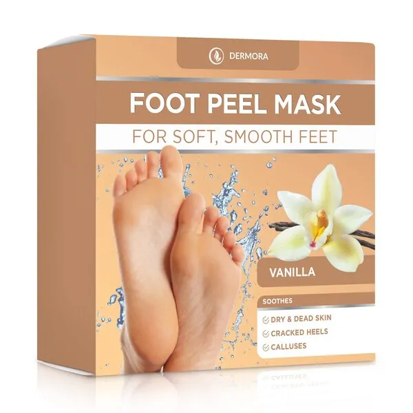 DERMORA Foot Peel Mask - 2 Pack of Regular Size Skin Exfoliating Foot Masks for Dry, Cracked Feet, Callus, Dead Skin Remover - Feet Peeling Mask for baby soft feet, Vanilla Scent