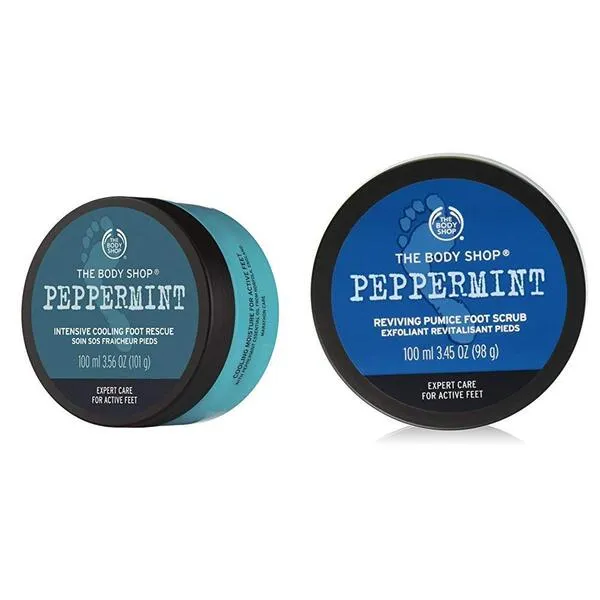 The Body Shop Peppermint Intensive Cooling Foot Rescue, 3.5 Fl Oz and Peppermint Reviving Pumice Exfoliating Foot Scrub, 100ml