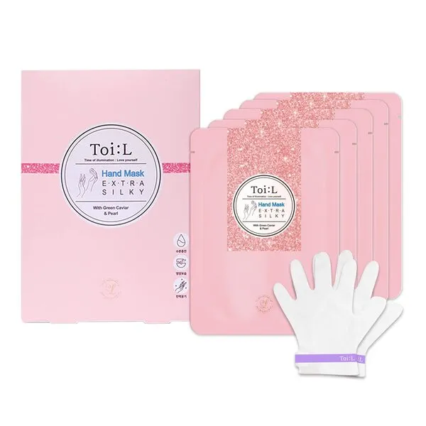 Toi:L Extra Silky Hand Mask 5 Pairs, Moisturizing Gloves for dry hands, Premium Hand spa Treatment, Moisturizing, Whitening, and Repairing for rough & damaged hands(Pearl+Green Caviar) (box)