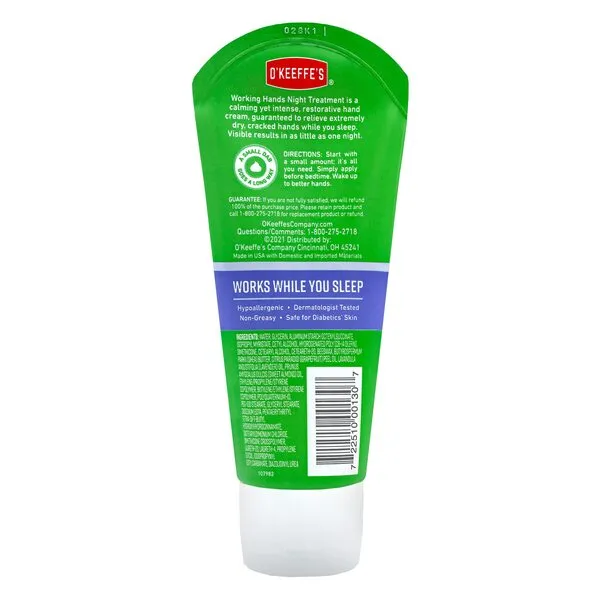 O'Keeffe's Working Hands Night Treatment Hand Cream, 3 oz Tube, (Pack of 2)