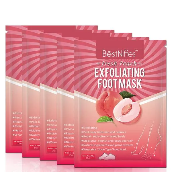 Foot Peel Mask Peach (5 Packs), Deep Moisturizing Exfoliating Socks, Dry Cracked Feet Repair Dead Skin Remover, Soft Baby Feet Peeling Mask (Peach)