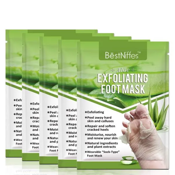 Foot Peel Mask Peach (5 Packs), Deep Moisturizing Exfoliating Socks, Dry Cracked Feet Repair Dead Skin Remover, Soft Baby Feet Peeling Mask (Aloe Vera)