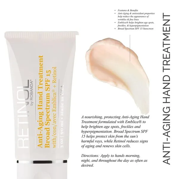 Robanda Retinol Anti-Aging Hand Treatment │ Broad Spectrum SPF 15 + Retinol Cream to Repair Dry Skin