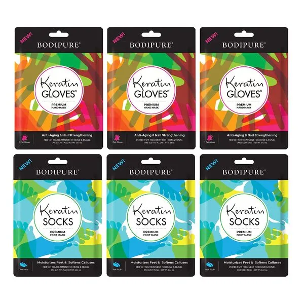 BODIPURE Premium Keratin Gloves and Socks for Hydrating Dull Dry Hands and Cracked Heels – Callus Softening – Nail Strengthening – Skin Brightening and Nourishing – 3 Pairs ea. (3+3 Pack)