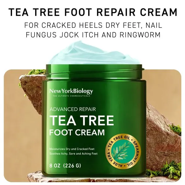 New York Biology Tea Tree Oil Foot Cream for Dry Cracked Feet, Athletes Foot, Nail Fungus, Jock Itch, Ringworm, Cracked Heels and Itchy Skin – Foot Cream - 8 oz