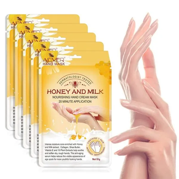 Hand Moisturizing Mask, (5 Pack) Honey and Milk Gloves, Moisturizing Natural Therapy Gloves, for Dry Aging Cracked Hands Repair Rough Skin for Men Women