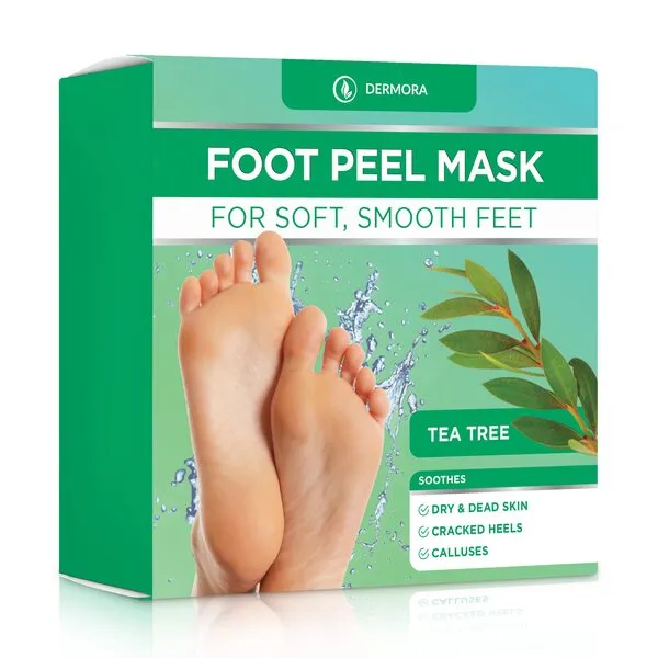 DERMORA Foot Peel Mask - 2 Pack of Large Size Skin Exfoliating Foot Masks for Dry, Cracked Feet, Callus, Dead Skin Remover - Feet Peeling Mask for baby soft feet, Tea Tree Scent