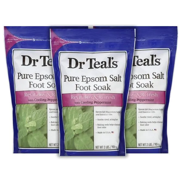 Dr. Teal's Peppermint Foot Soak Gift Set (3 Pack, 2lb Ea.) - Revitalize & Refresh Cooling Peppermint with Essential Oils Blended with Pure Epsom Salt - Ease Aches & Pains, Baking Soda Eliminates Odor