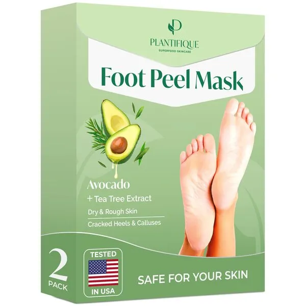 PLANTIFIQUE Foot Peel Mask with Avocado 2 Pack Peeling Foot Mask Dermatologically Tested - Repairs Heels & Removes Dead Skin for Baby Soft Feet - Exfoliating Foot Peel Mask for Dry Cracked Feet