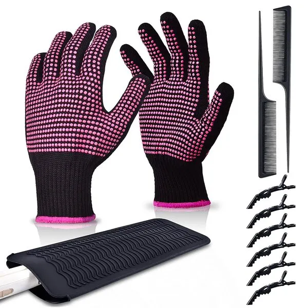 ARRITZ 2Pcs Heat Gloves for Hair Styling, Professional Curling Iron Gloves with Heat Resistant Silicone Mat Pouch, 6pcs Hair Clips, 2pcs Combs