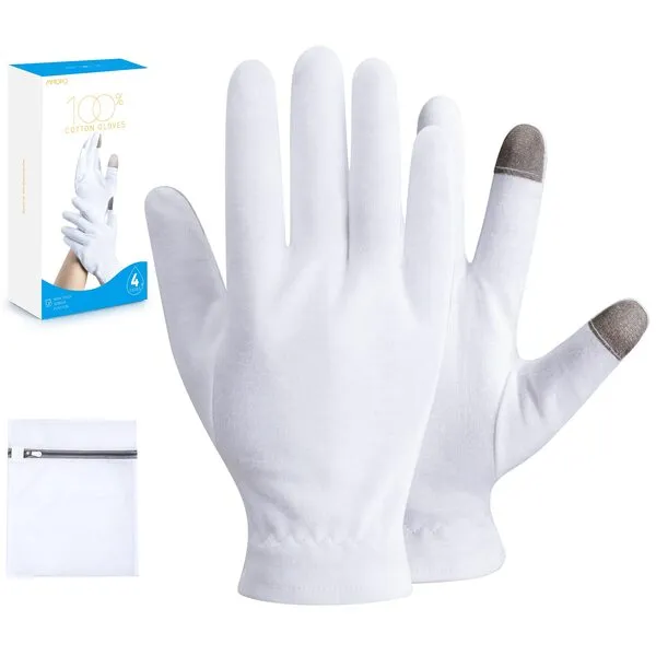 MNOPQ 100% Cotton Moisturizing Gloves 4 Pairs, Touch Screen White Cotton Gloves for Dry Hands, Eczema, Sleeping, Overnight, Lotion & Spa Treatment with Wristband and Washing Bag, Medium