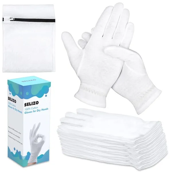 20 Pcs Moisturizing Gloves for Dry Hands Overnight, Selizo 10 Pairs White Cotton Gloves for Women Eczema, Hand Moisturizer Sleeping Spa Gloves for Dry Hands Eczema