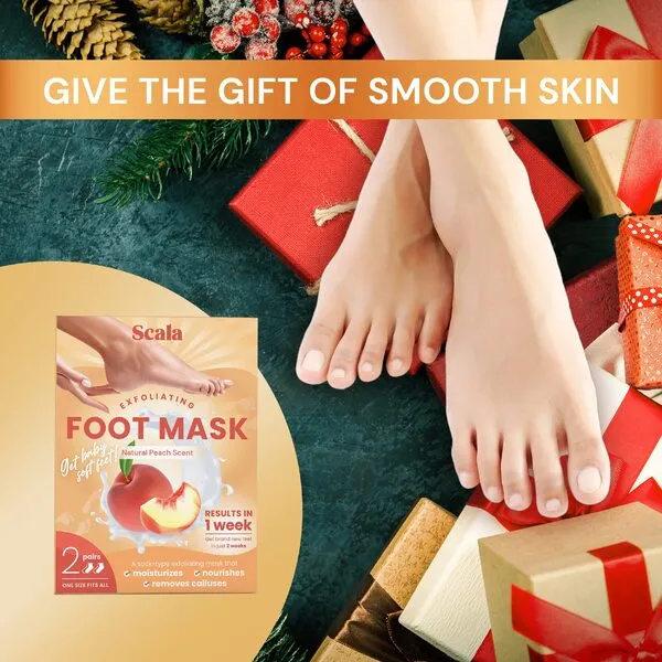 Scala Foot Peel Skin Treatment Mask (2 Pack) Dead Skin Remover, Dry Cracked Feet, Exfoliate,Exfoliating,Hypoallergenic, Peeling Reveals Baby Soft Smooth Skin, Peach - Birthday Gifts for Women