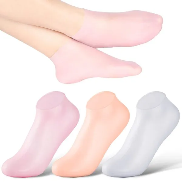 SATINIOR Silicone Socks 3 Pairs Aloe Socks Silicone Gel Heel Socks Anti Slip Silicone Moisturizing Socks for Women Men Dry Cracking Skin (Medium), Pink, Beige and White,Medium