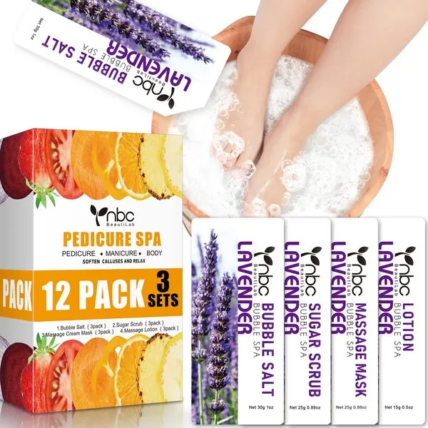 Foot Soak, Foot Spa Pedicure Set With Bath Salt, Foot Cream, Foot Scrub, Exfoliating Foot Care In a Box 4 Step Spa Pedicure Kit For Dry cracked Feet ,Lavender Foot Soak, 3 Set