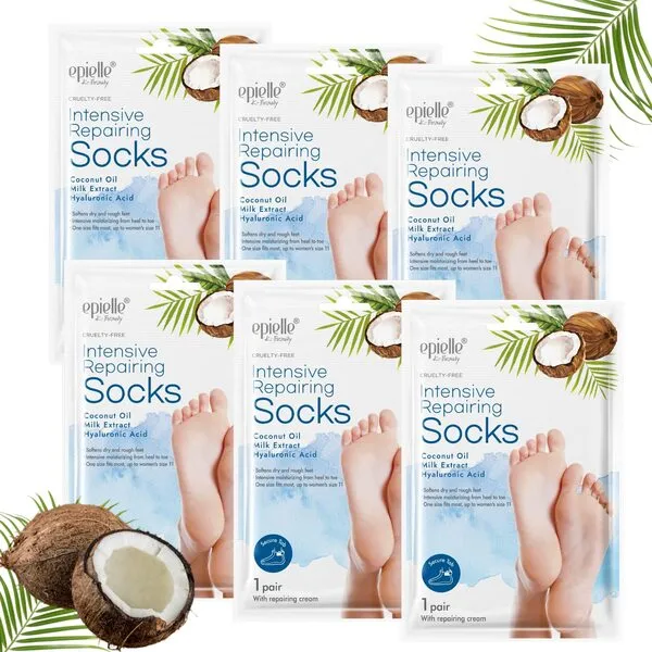 NEW Epielle Intensive Repairing Foot Mask for Dry foot and Cracked heel and callus (Socks-6pk) Foot Spa masks | Coconut Oil + Milk Extract + Hyaluronic Acid, Beauty Gifts. STOCKING STUFFERS!!