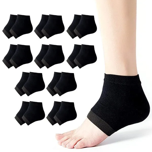 Rishaca Moisturizing Gel Socks Repair Cracked Heels Treatment, Dry Foot Skin Open Toe Silicone Sock for Spa, Day Night Care for Women (10 Pair/Black)