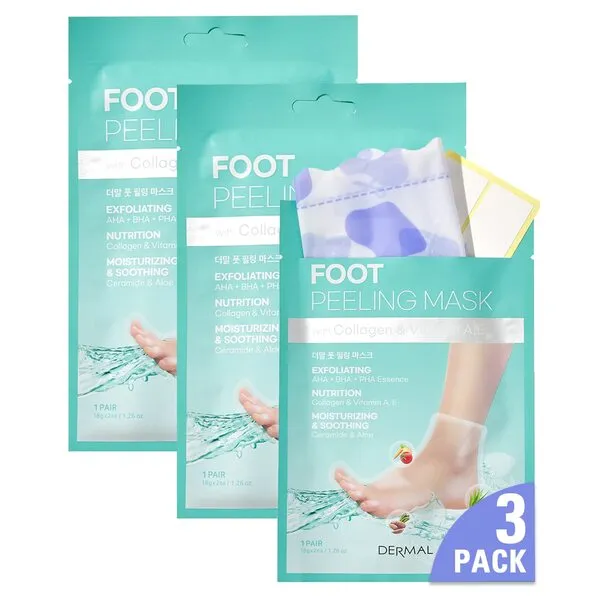 DERMAL KOREA Foot Peeling Mask 3 Pack For Dry Foot And Cracked Heel & Callus With Aloe Vera And Collagen - Exfoliating Peel Mask With Aha, Bha, & Pha And For Moisturizing, Soothing & Refreshing Feet