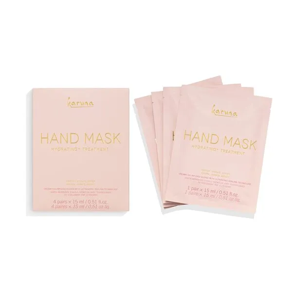 Karuna Hydrating+ Hand Mask, Self Care Gifts for Women and Men for Softening Hands, Comes in Cream and Oil-infused Gloves Reformulated with Cameilla Flower (4 Pairs of Hand Masks)