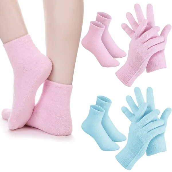 4 Pairs Moisturizing Gloves Socks Set Gel Aloe Gloves Infused Lotion Gloves Heel Socks for Dry Cracked Feet Fuzzy Spa Socks for Women Men