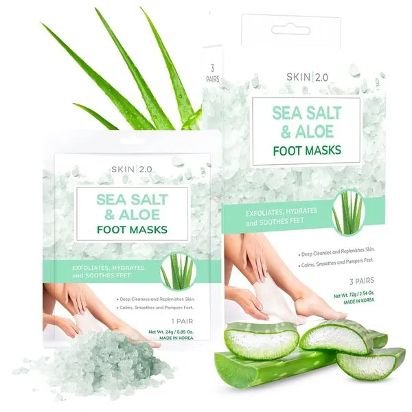 Skin 2.0 Sea Salt and Aloe Foot Masks Moisturizing Socks - Cracked Heel Treatment, Soothing & Deeply Hydrates, Exfoliating Foot Mask - Cruelty Free Korean Skincare For All Skin Types - 3 Pairs