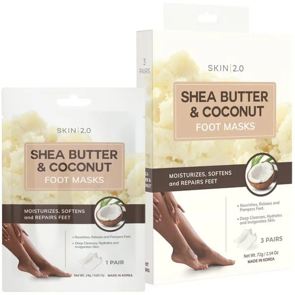 Skin 2.0 Shea Butter and Coconut Foot Masks Moisturizing Socks - Softens Calluses, Soothes & Treats Cracked Heels, Hydrating Foot Mask - Cruelty Free Korean Skincare For All Skin Types - 3 Pairs