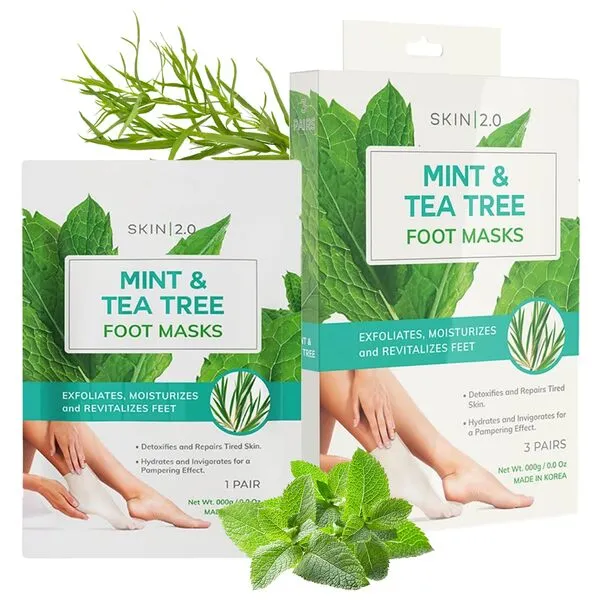 Skin 2.0 Tea Tree and Mint Foot Masks Moisturizing Socks - Fights Athlete's Foot, Detoxifies & Exfoliates, Relaxing & Cooling Foot Mask - Cruelty Free Korean Skincare For All Skin Types - 3 Pairs