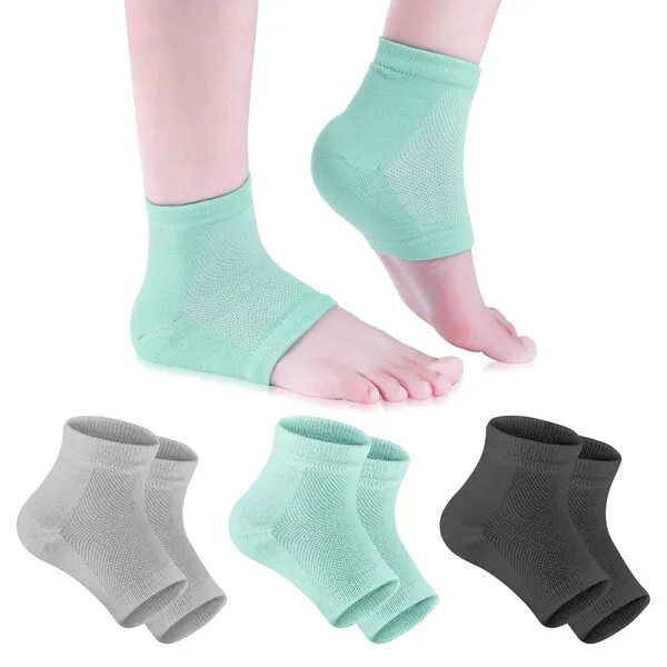 Moisturizing Gel Heel Socks for Dry Cracked Feet, Shynek 3 Pairs Spa Socks Lotion Toeless Socks for Women Dry Cracked Heel Feet Repair, Foot Care (Black, Grey, Green)