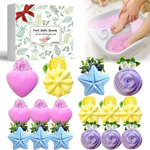 Lanwexy Bath Foot Bombs, 16 Pack Foot Soak with Bath Salt and Tea Tree Oil. Organic Natural Handmade Aroma Pure Essential Oil Bubble Foot Balls for Foot Callus, Dry Cracked, Stubborn Foot Odor Scent.