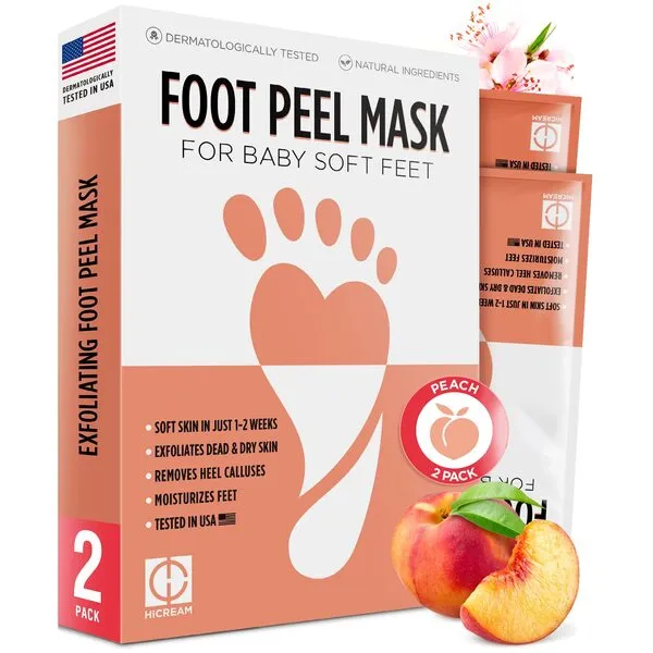 Hicream Foot Peel Mask- 2 Pairs of Regular Skin Exfoliating Foot mask For Cracked Heels, Dead Skin & Calluses, Removes & Repairs Rough Heels, Dry Toe Skin, Peach Scent