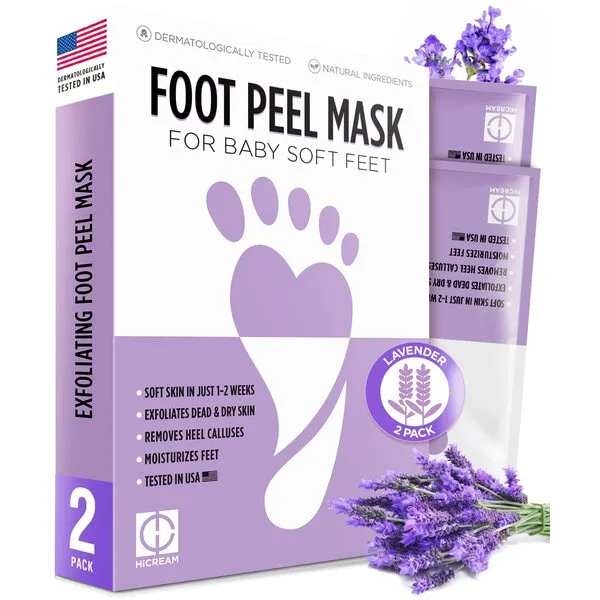 Hicream Foot Peel Mask- 2 Pairs of Regular Skin Exfoliating Foot mask For Cracked Heels, Dead Skin & Calluses, Removes & Repairs Rough Heels, Dry Toe Skin, Lavender Scent