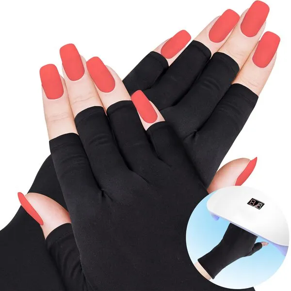 ANCIRS 2 Pairs UV Gloves for Gel Nail Lamp, Anti UV Fingerless Gloves for Nail Art DIY Accessories, Gel Manicure UV Shield Gloves for Hand Skin Care Protection-Black