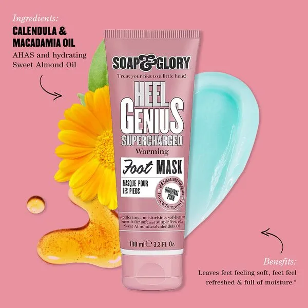 Soap & Glory Original Pink Heel Genius Supercharged Foot Mask - Self Heating Foot Treatment for Rough, Cracked Feet - Sweet Almond, Calendula Oil & AHA Creamy Foot Care - Hydrating Foot Mask (100ml)